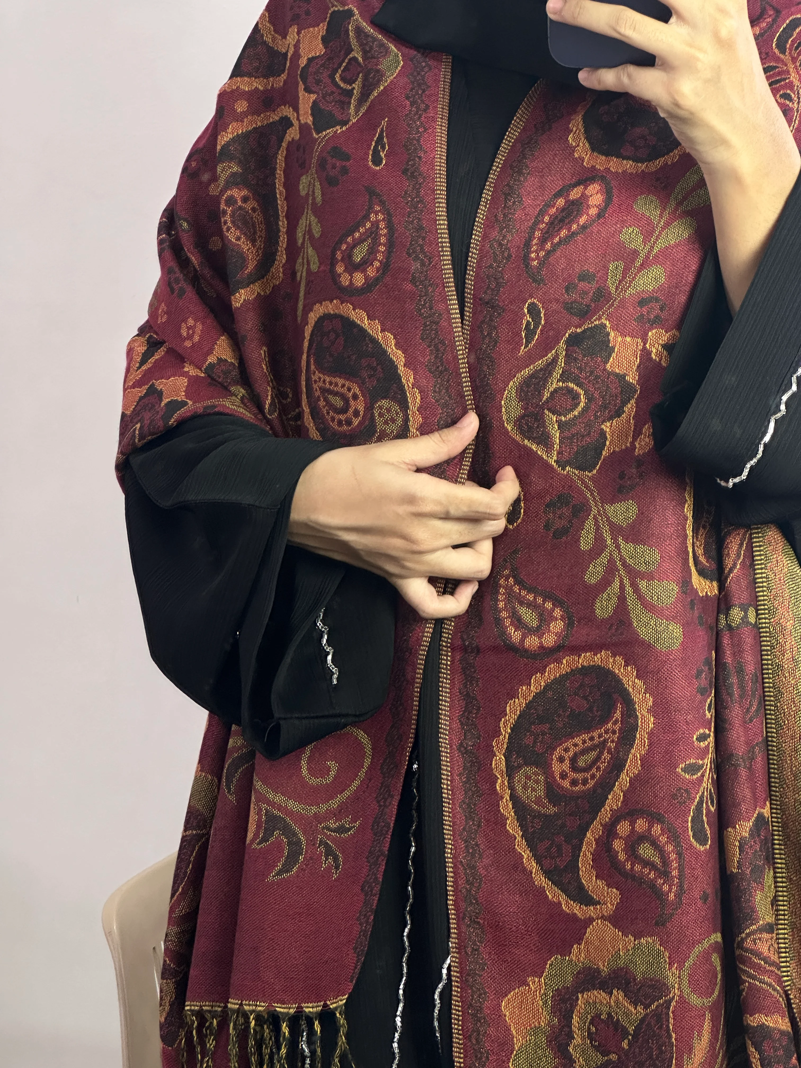 Luxury pashmina shawl - Maroon - Image 2